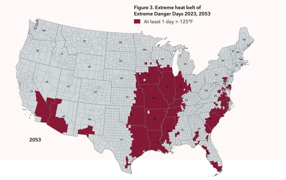 This map shows U.S. counties with predicted extreme heat days of temperatures over 125 degrees by 2023 and 2053, according to a study by First Street Foundation.