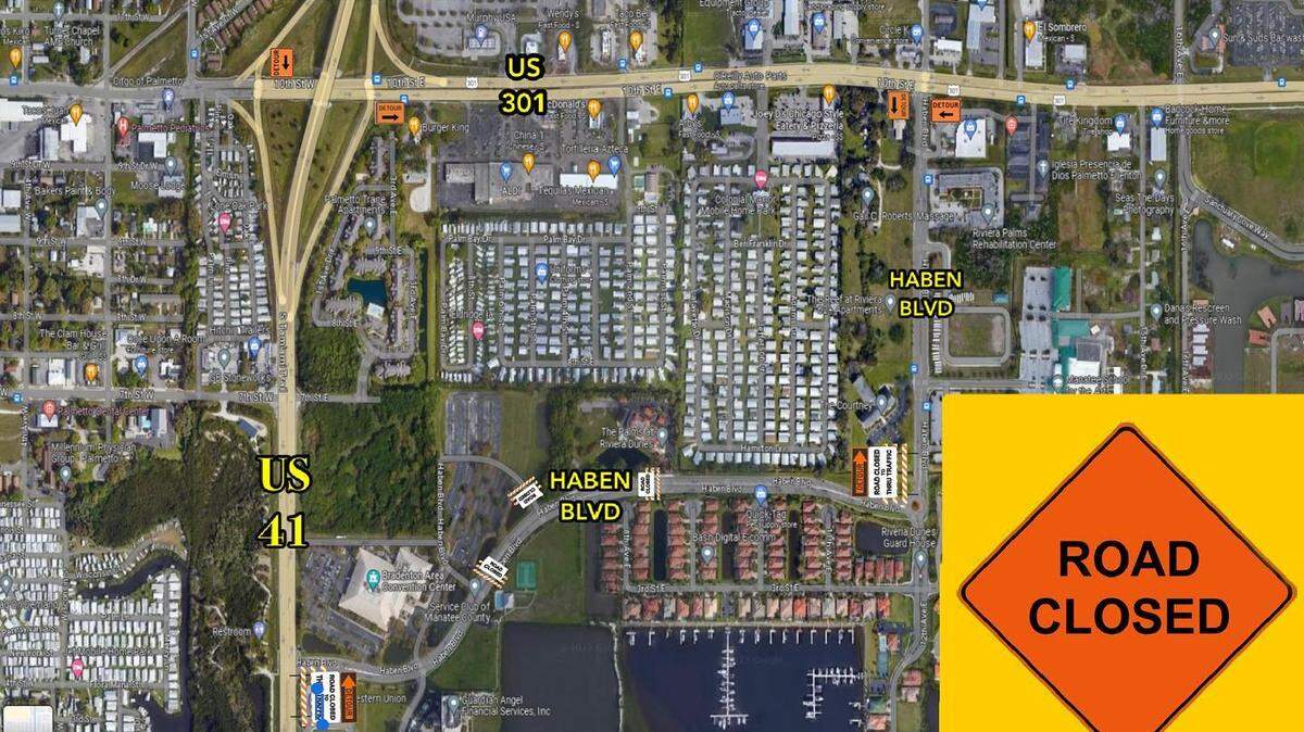 Haben Boulevard in Palmetto will be closed for construction from May 16 to June 16, 2023.