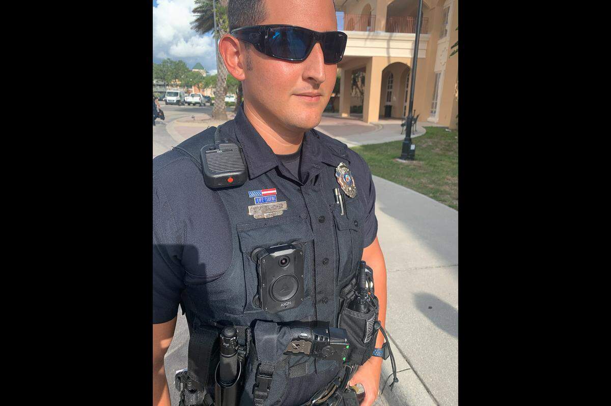 Bradenton Police officer Joshua Sanchez wears an Axon body-worn camera as the department tests and evaluates the equipment.