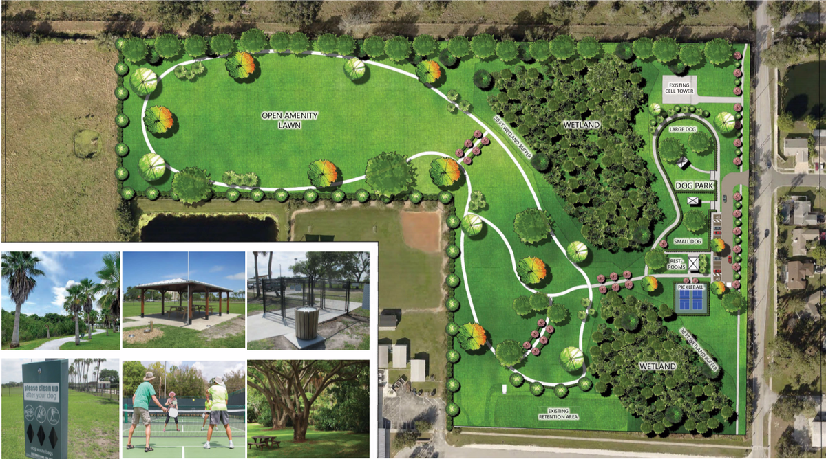 Government leaders announced that a 17-acre park is coming to the corner of Tallevast Road and Prospect Road, just north of Kinnan Elementary School. The park will feature a walking trail, pickleball courts and the area’s first dedicated dog park.
