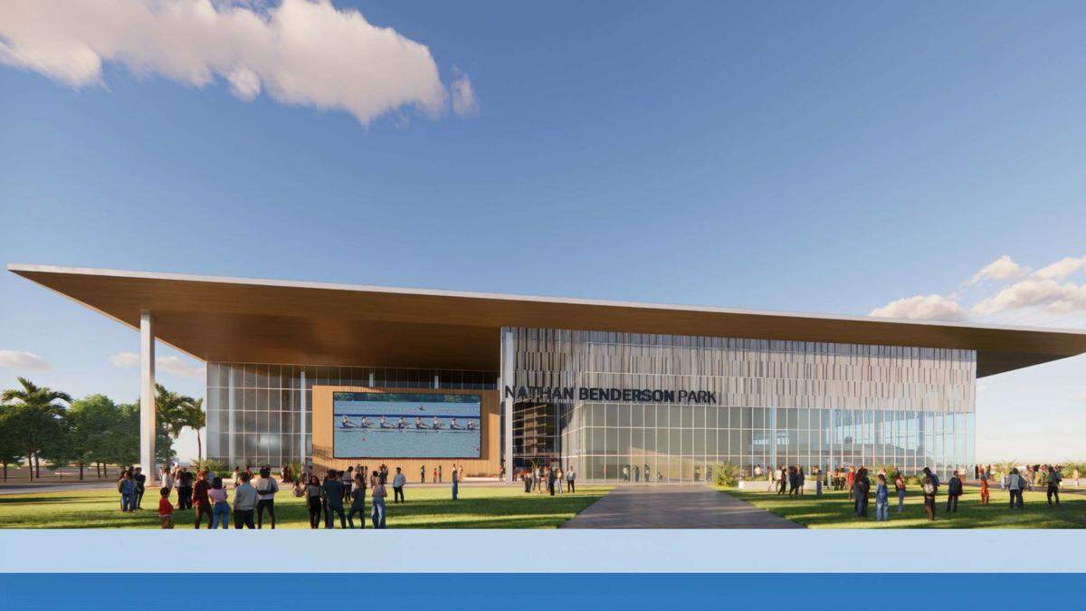 A rendering of the proposed indoor athletic complex at Nathan Benderson Park will feature two stories and be multi-purpose for athletic events on Regatta Island.