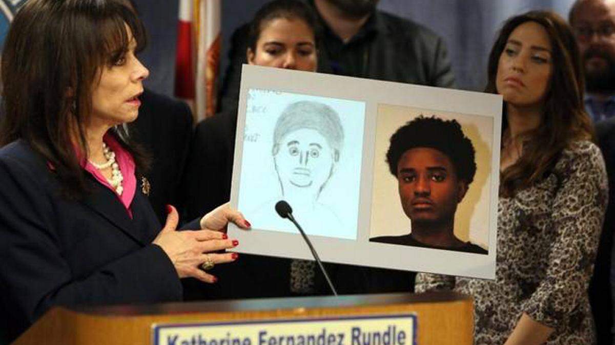 Miami-Dade State Attorney Katherine Fernandez Rundle holds a sketch and photo of the teenager arrested for the murder of Rabbi Joseph Raksin during a press conference on Dec. 9, 2015. The amateur sketch went viral on the Internet, with many people mistakenly believing the drawing was done by a police artist.