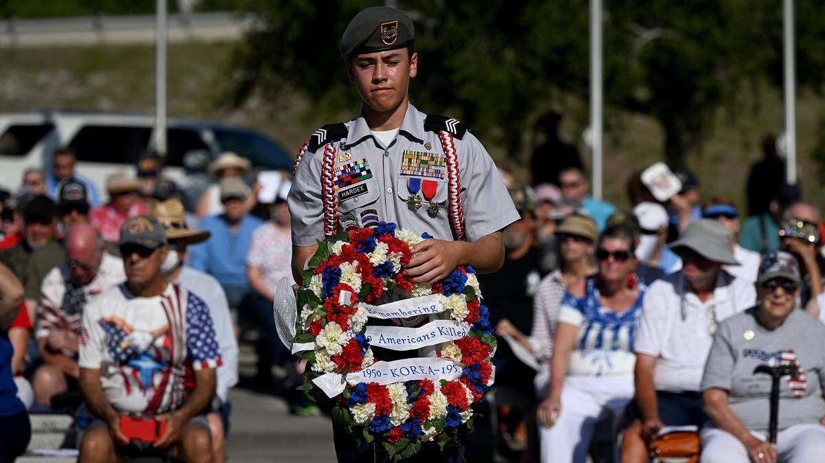 Lakewood Ranch and Parrish Community High’s JROTC laid wreaths for the different branches of the military during the Memorial Day Service presented by the Manatee County Veterans Council at the Donald L. Courtney Veterans Park in Bradenton on Monday, May 27, 2024.