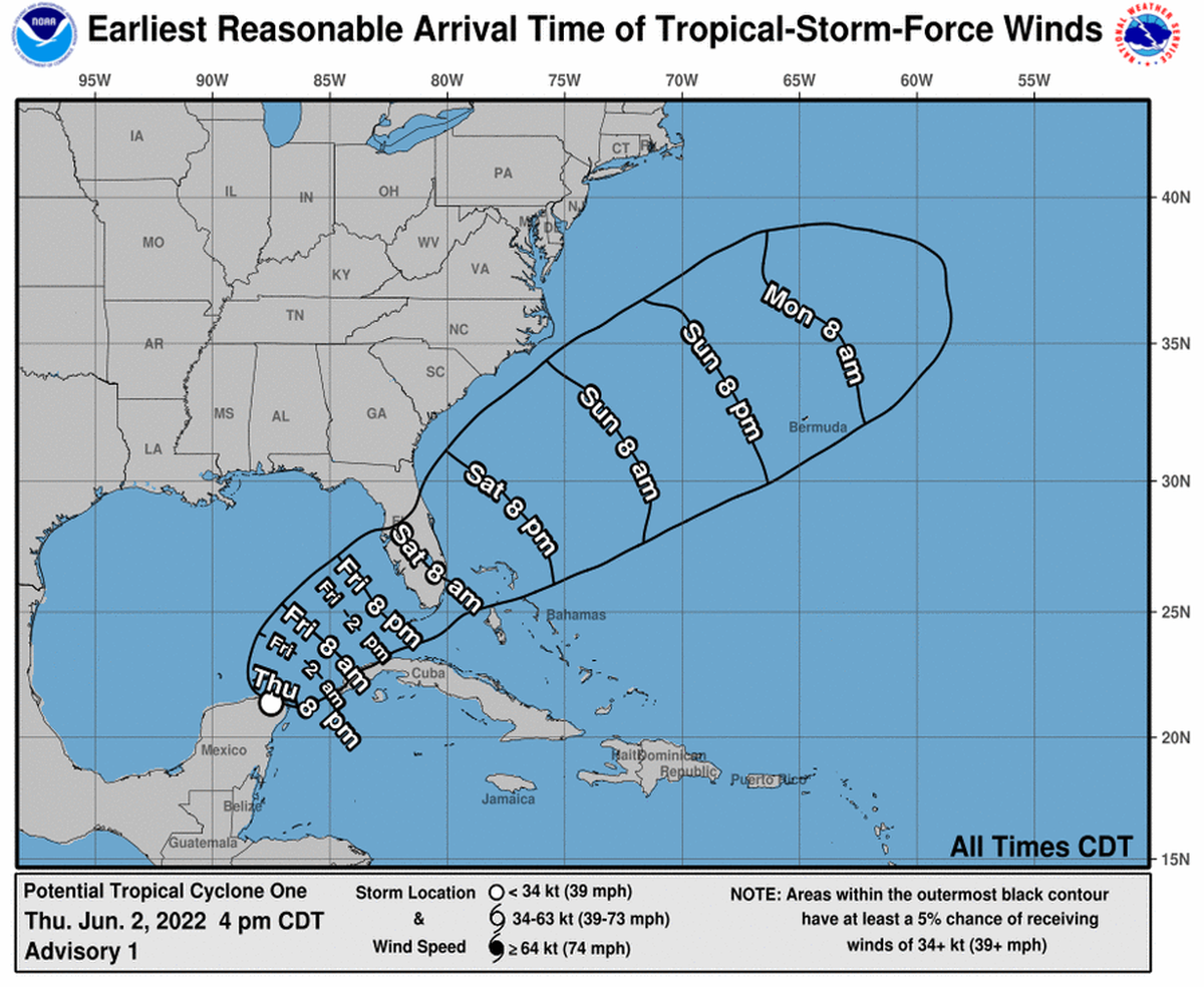 Wind timing forecast for Potential Tropical Cyclone One as of Thursday afternoon, June 2, 2022.