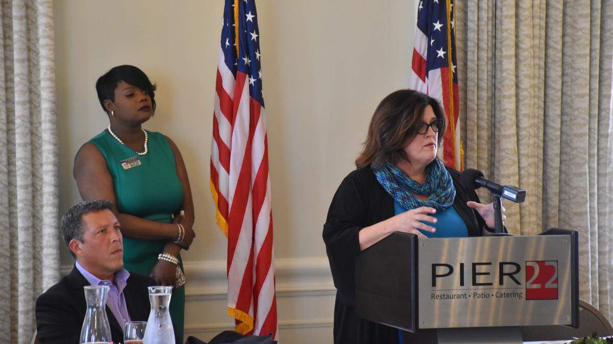 Manatee County Commissioner Misty Servia (right) addresses the Manatee Tiger Bay Club crowd at the June 2019 meeting on Thursday. She said the county can help alleviate growth issues by incentizing mixed-use development and encouraging employers to allow work-from-home or off-peak hour shifts.
