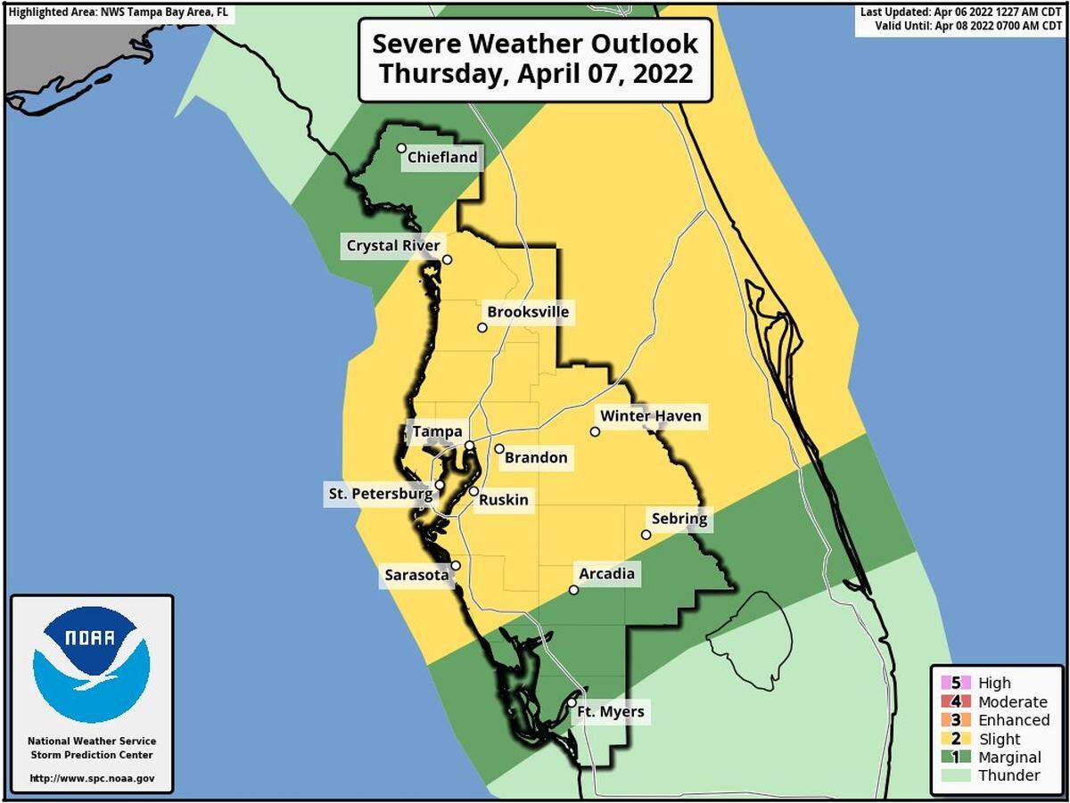 Severe weather is expected for Manatee and Sarasota county ahead of an approaching cold front, thunderstorms, hail, and tornadoes are possible 04/06/2022.