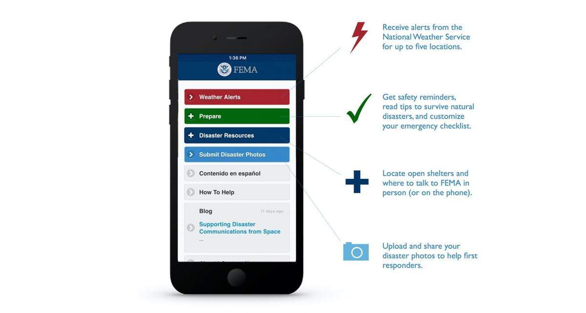 The FEMA app includes weather alerts, preparation tips, disaster resource information and allows users to upload photos to help rescue workers.