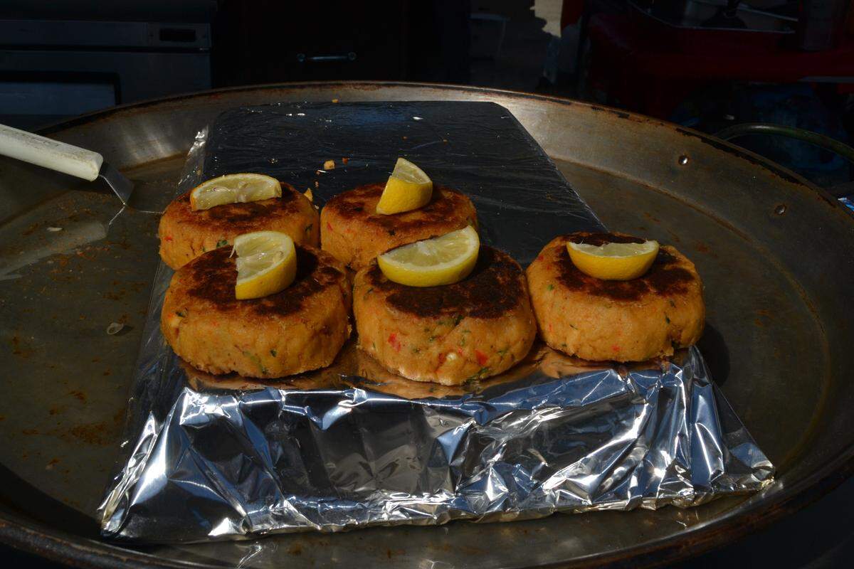 Jumbo crab cakes were thrown down on the griddle at the 37th annual Cortez Commercial Fishing Festival.