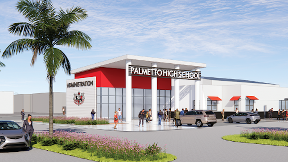 Manatee County School board approved plans to make several improvements to Palmetto High School in 2022. This is a rendering presented to the board on what the schools new administration building could look like. 04/20/2022