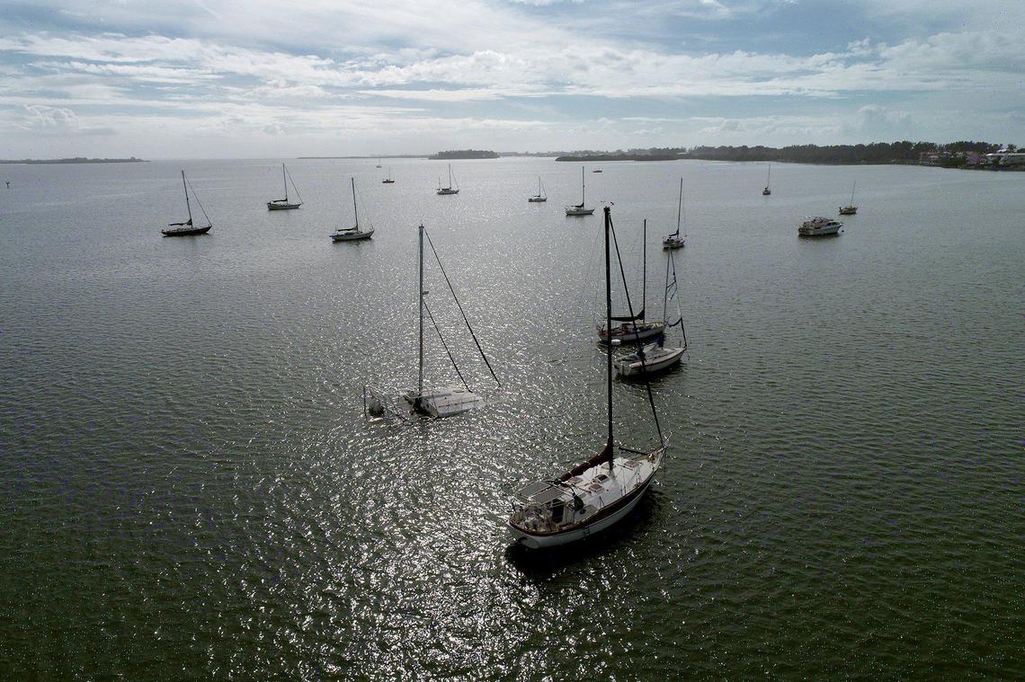11/12/20--One sailboat of the several that sunk in the intercostal waterway in the aftermath of Tropical Storm Eta.