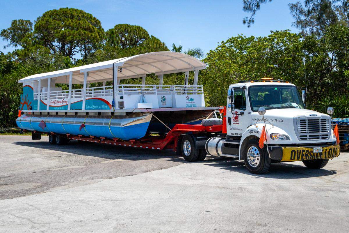 Two 50-foot catamarans have arrived for the long-awaited water taxi service to beaches in Manatee County Florida Gulf Coast.