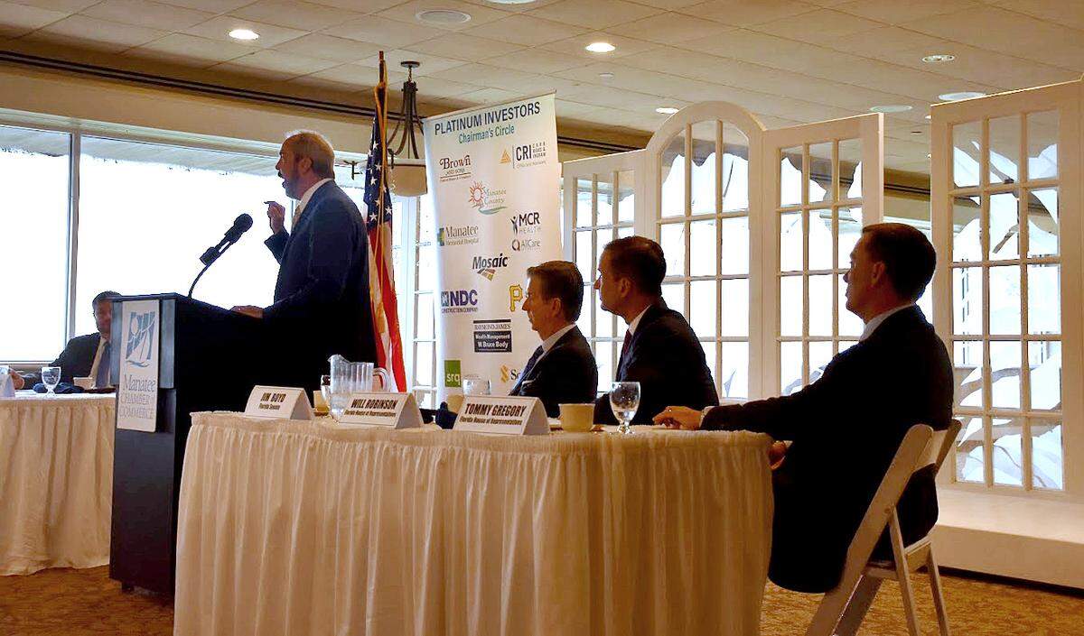 Manatee County’s delegation of state lawmakers in the Florida Legislature spoke with community leaders about the bills and laws they hope to approve in 2022. State Sen. Joe Gruters, R-Sarasota, speaks, during the Manatee Chamber of Commerce’s Pancakes and Politics event on Thursday morning. Also pictured are state Sen. Jim Boyd (left), R-Bradenton, state Rep. Will Robinson (middle), R-Bradenton and state Rep. Tommy Gregory (right), R-Sarasota.