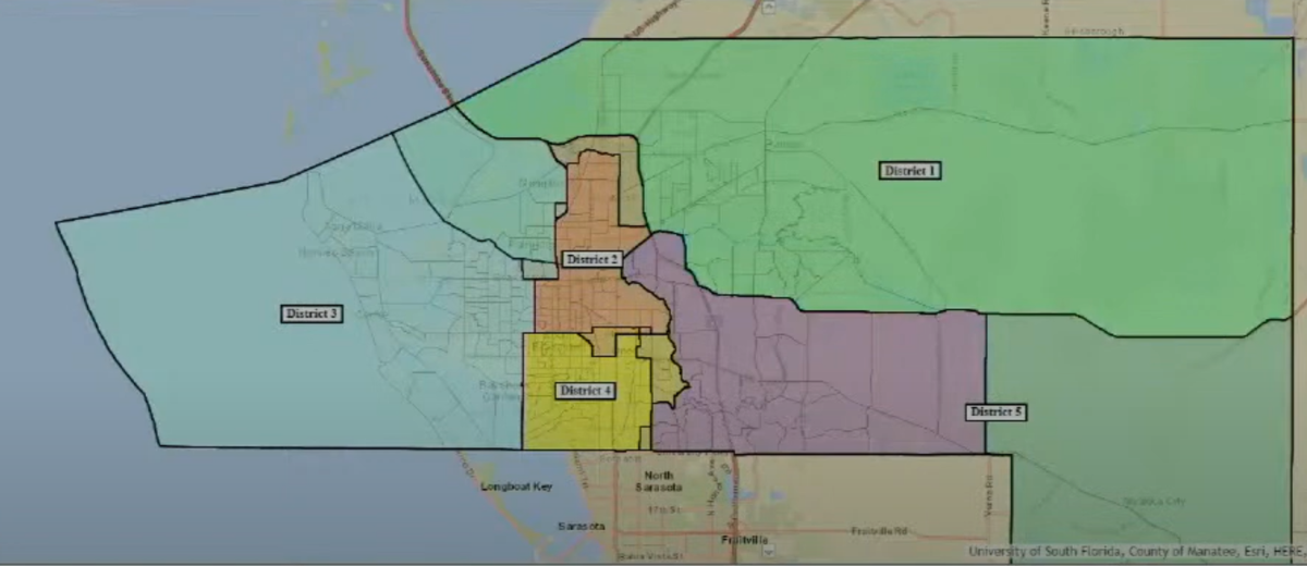 John Guthrie, Manatee County’s hired redistricting consultant, presented an unofficial map to simulate how officials can update the county’s five districts to equalize population. The map increased the number of residents in District 2, 3 and 4, while reducing the population in District 1 and 5 to maintain balance. This map has not been approved by the Manatee County Commission.