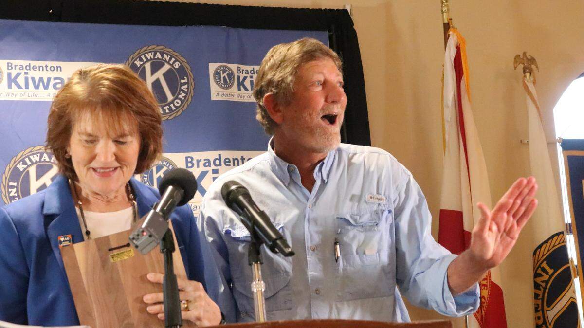 “I’m speechless. Thank you,” Daniel Carl “DC” McClure, said 11/14/2023 in accepting the Manatee County agriculturist of the year award. He is shown with Brenda Rogers, the 2009 recipient of the award.