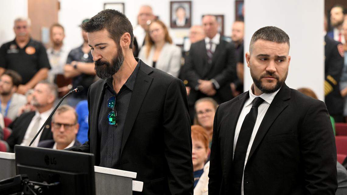 Nicholas and Kiel Felts, Carol Felts’ sons, at a meeting of the Manatee County Commission during a tribute to Carol Ann Felts on March 3, 2026.