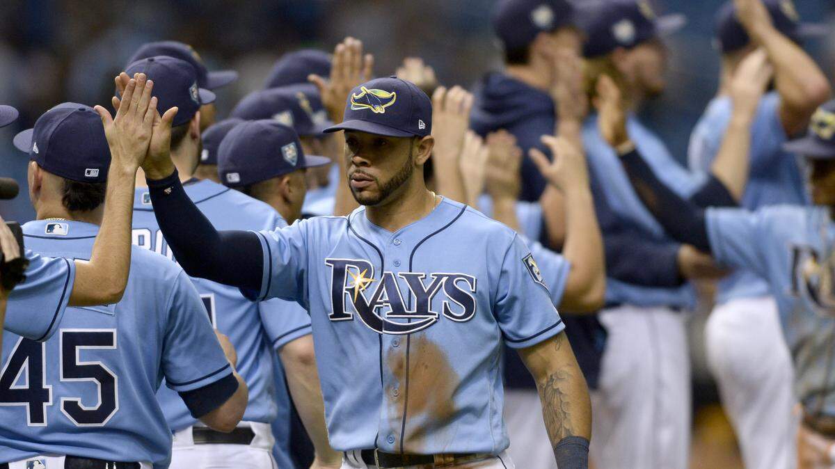 Tampa Bay Rays center fielder Tommy Pham (29) celebrates following the Rays 9-4 win over the Toronto Blue Jays in a baseball game Sunday, Sept. 30, 2018, in St. Petersburg, Fla.