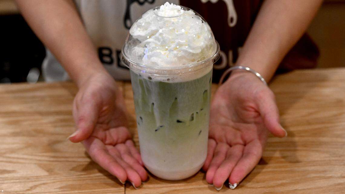 A strawberry matcha latte at Spinning Coffee at 515 36th Street West, Suite E, Bradenton, on April 21, 2026. 