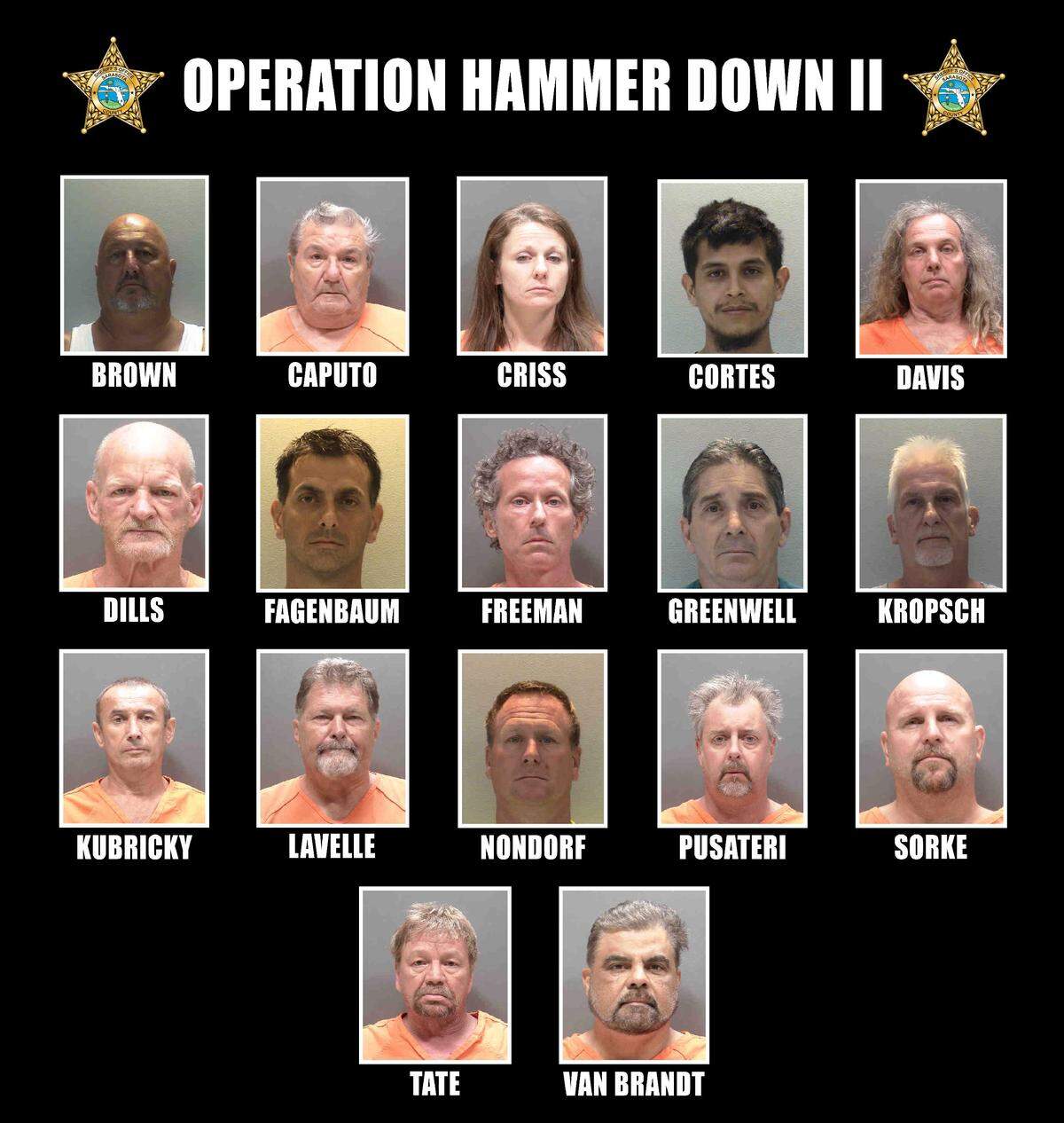 The Sarasota County Sheriff’s Office arrested 17 people on multiple charges during the continuation of an undercover investigation into alleged unlicensed contractors offering to perform work in the area.