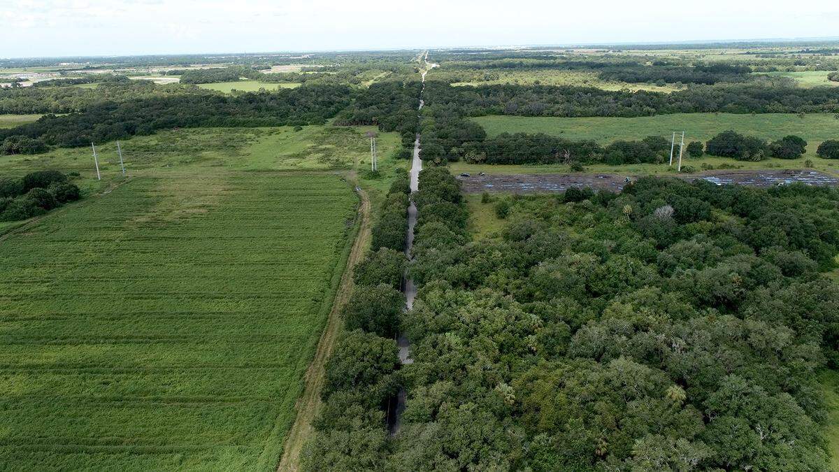 08/30/21—The Manatee Board of County Commissioners voted unanimously to approve Neal Land & Neighborhood’s request to rezone agricultural land and a general development plan for 635 acres north of Buckeye Road. The project will bring more than 1,830 new homes to Parrish, along with a Fort Hamer Road extension that connects to Hillsborough County. This aerial photo looks west over the property along Buckeye Road.