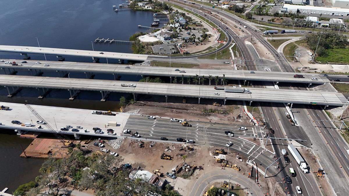 The new ramps at U.S. 301 in Ellenton, the closer one is the northbound off-ramp from I75, and the other side of the bridge is the new southbound on-ramp on Feb 18, 2025.