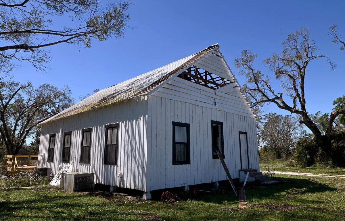 Erected in 1908, the Sandy Baptist Church in Myakka City withstood Hurricane Ian’s brutal winds, suffering some roof and window damage.