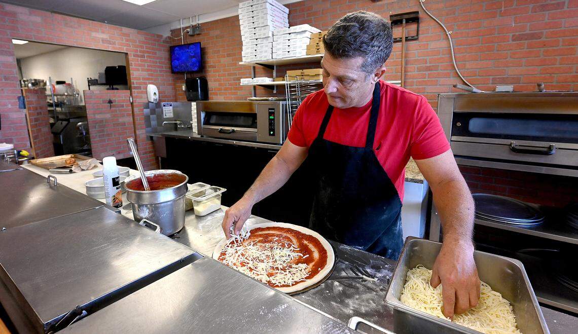 Owner Mark Nilsen makes pizza at the new Cornerstone Pizza at 5203 Cortez West on Dec. 10, 2025.