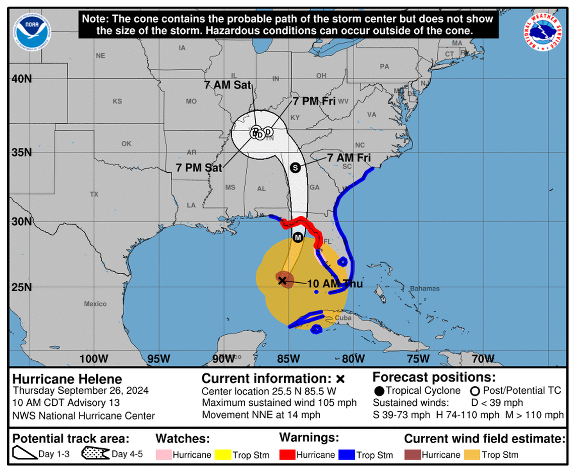 Helene strengthened into a Category 2 hurricane Thursday morning and is expected to slam Florida with life-threatening storm surge as it heads toward landfall as a Category 4 storm, according to the National Hurricane Center.