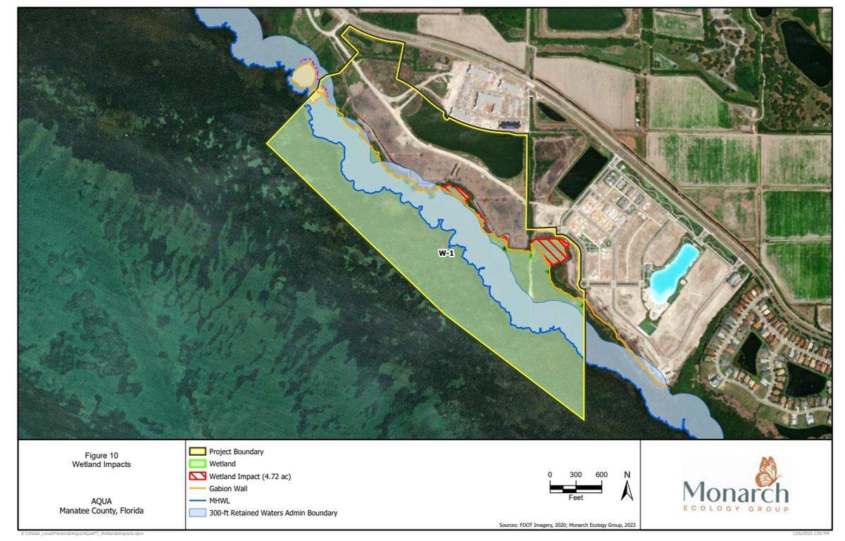 A graphic submitted to the Southwest Florida Water Management District shows proposed wetland impacts for the next phase of building at Aqua by the Bay that has some environmental experts and advocates concerned.