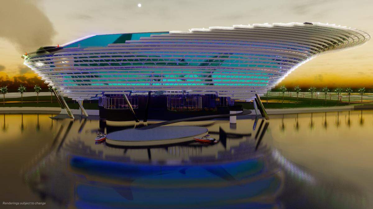 A screenshot from a preliminary video rendering shows an evening light display on the exterior of Mote Science Education Aquarium. This new facility, being planned for Nathan Benderson Park in Sarasota was announced last year, but Mote will need help reaching the $130 million goal.