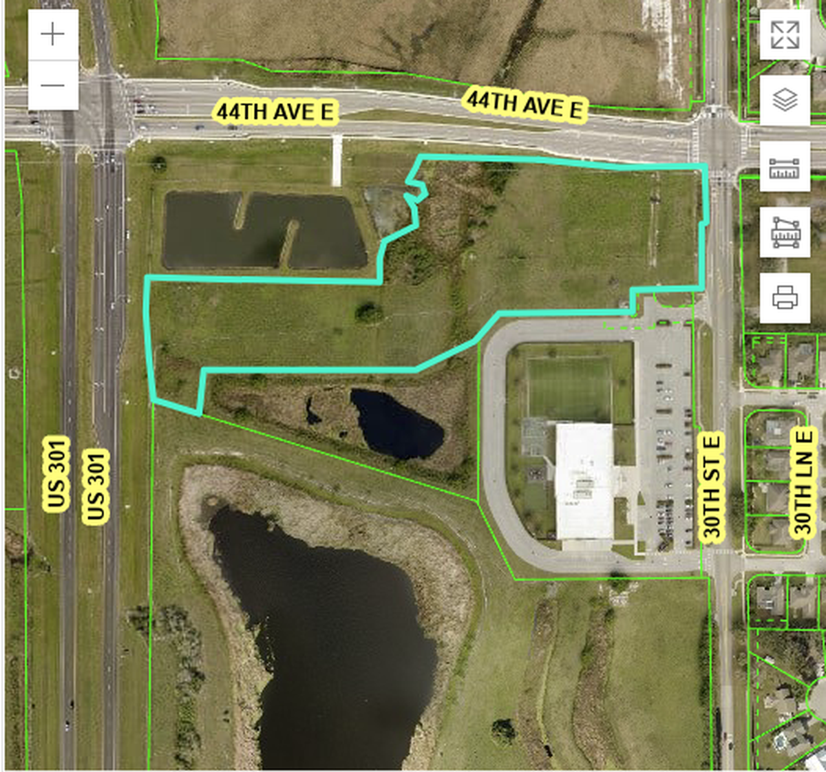 Map of property outlined in green where a three-story, 120,000-square-foot self-storage unit is planned, taken from a screen shot of aerial photo on the Manatee County Property Appraiser’s web site.