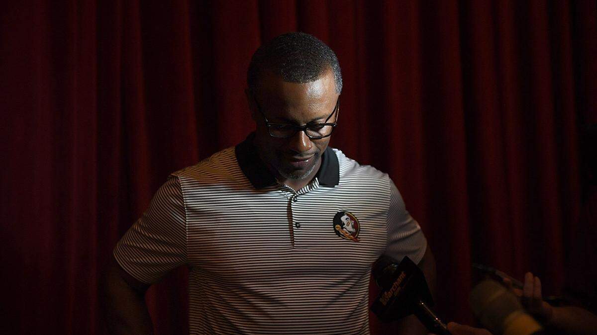 Florida State coach Willie Taggart speaks to media and fans at the Mertz Theatre in Sarasota, Florida, on a bus tour in June.