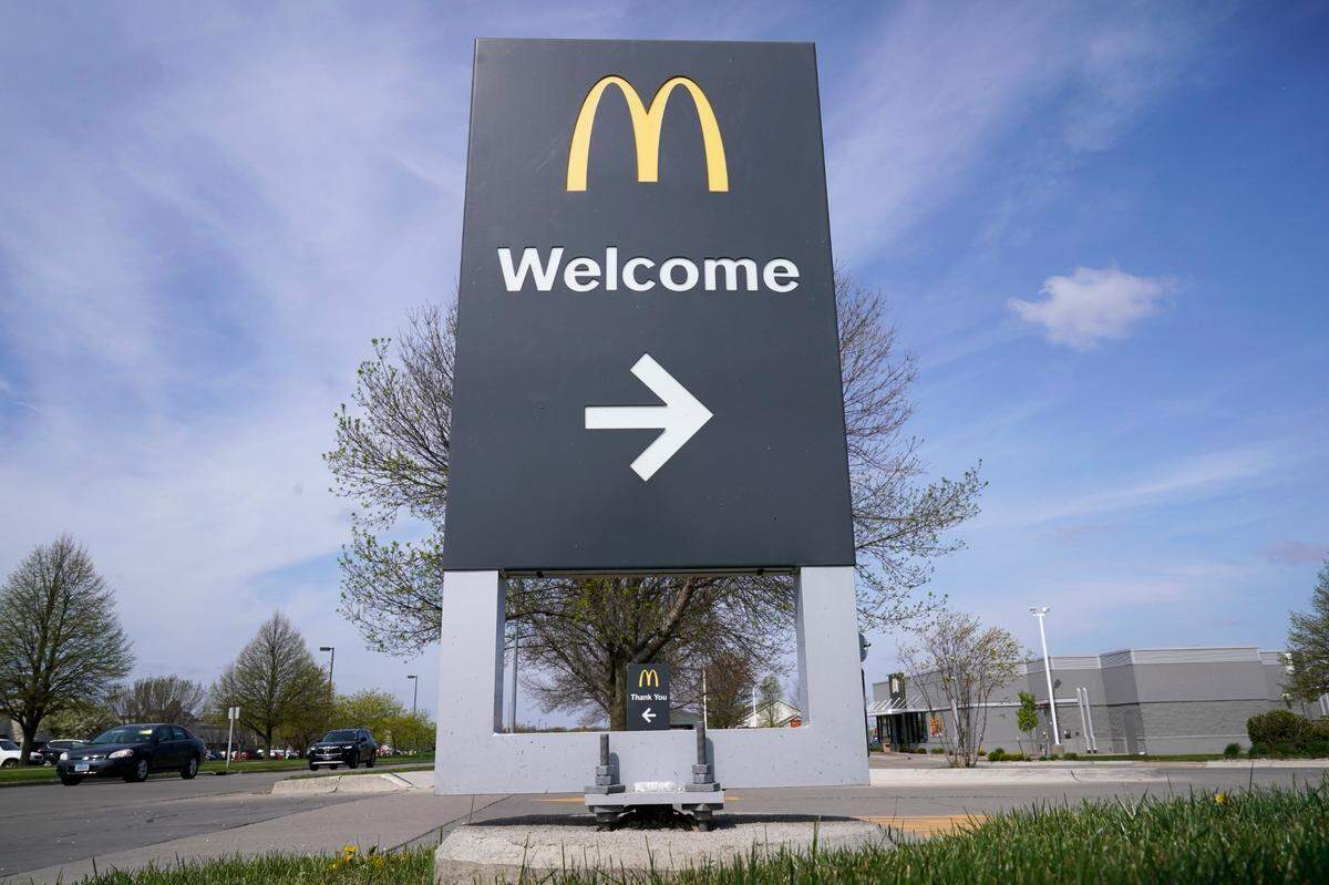A welcome sign sits in front of a McDonald’s restaurant, Tuesday, April 27, 2021, in Waukee, Iowa.