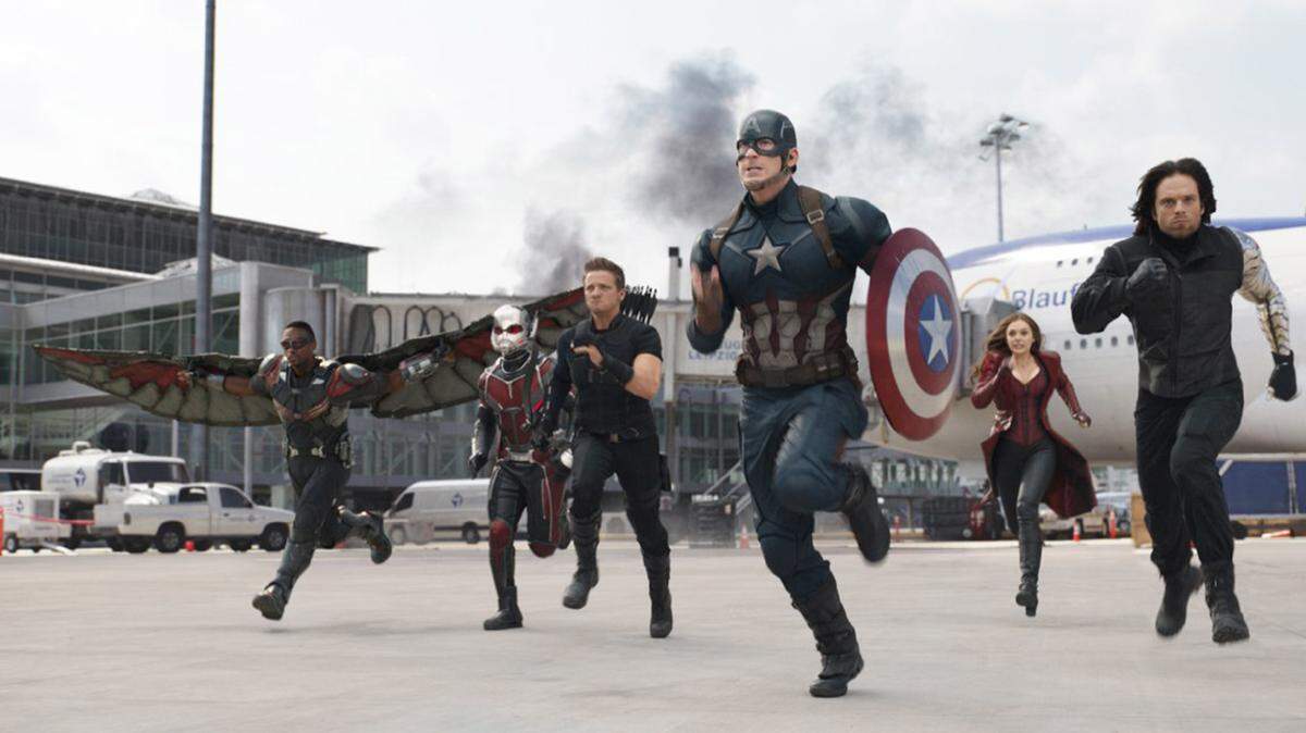 Chris Evans, Elizabeth Olsen, Jeremy Renner, Paul Rudd, Anthony Mackie and Sebastian Stan in "Captain America: Civil War." Marvel Studios