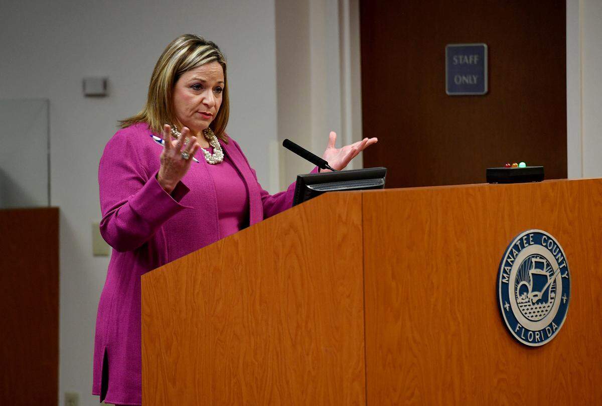 Clerk of the Court and Comptroller Angel Colonneso at the Manatee County Commission meeting where a vote on County Administrator Dr. Scott Hopes’ contract renewal was approved.
