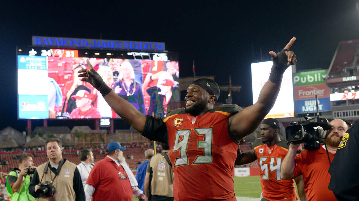 In this file photo, Tampa Bay Buccaneers defensive tackle Gerald McCoy (93) celebrates after the Buccaneers defeated the New Orleans Saints during an NFL football game Sunday, Dec. 31, 2017.