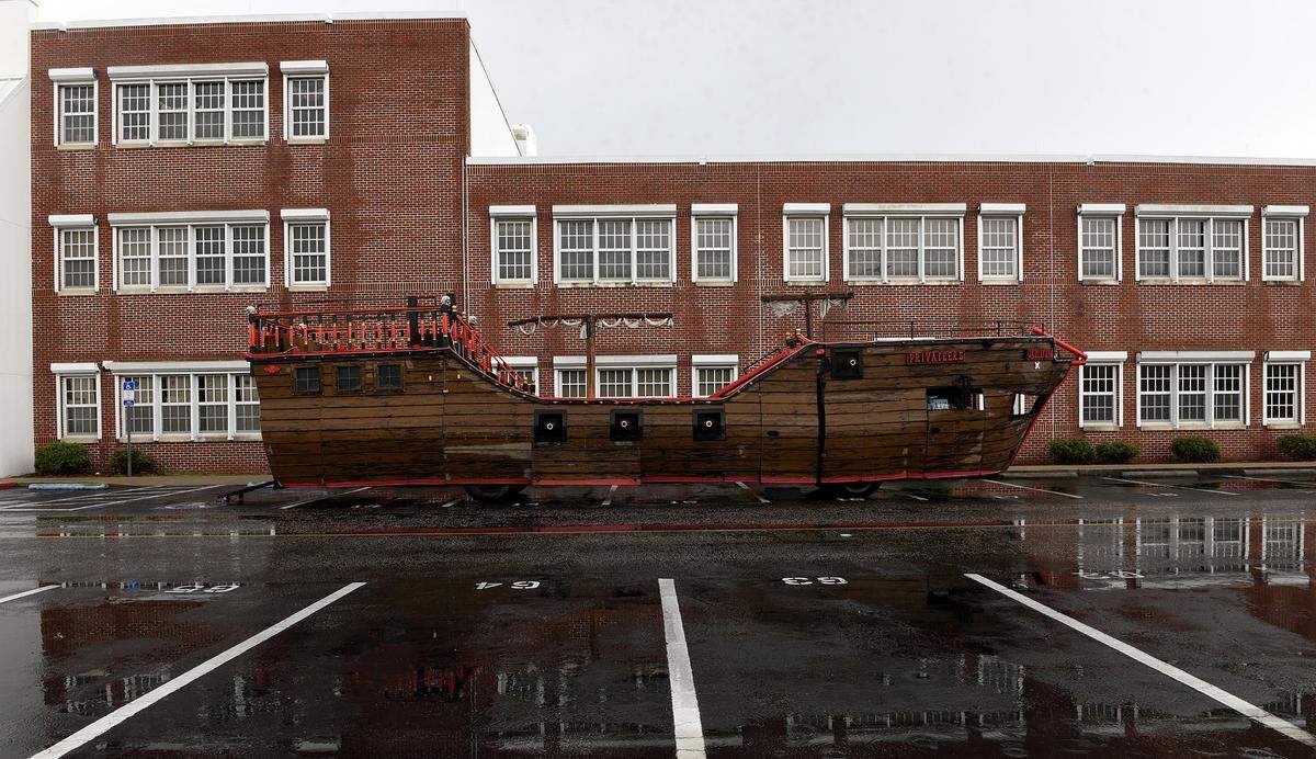 A lone float sits in the Manatee High parking lot after the 2022 De Soto Grand Parade was cancelled because of bad weather.