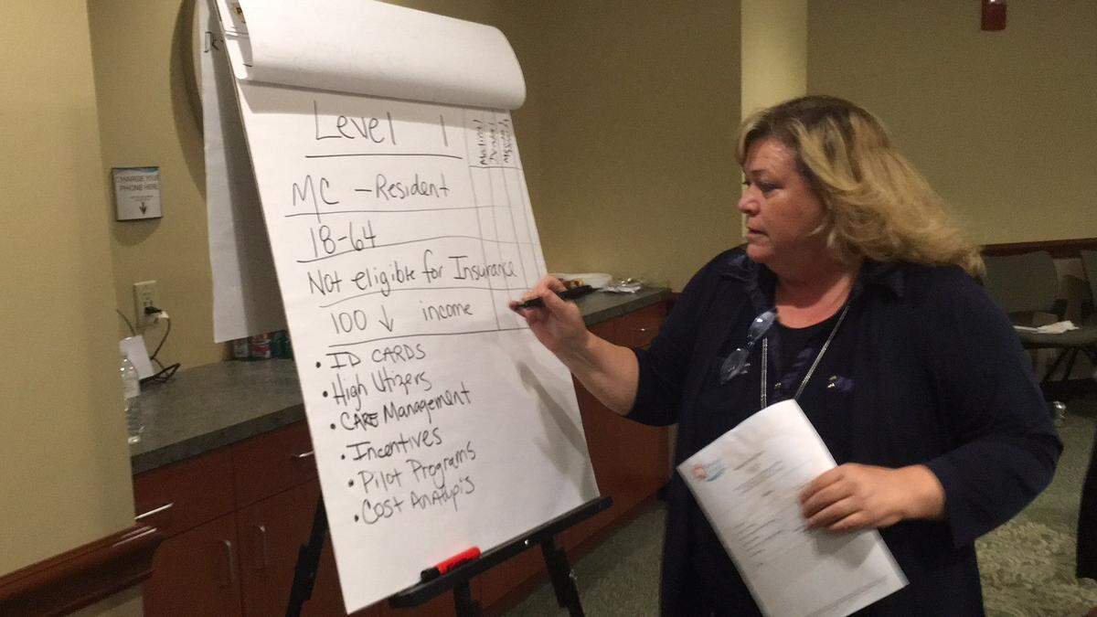 Manatee County’s Cheri Coryea writes down ideas from the Manatee Healthcare Advisory Board during Wednesday’s breakthrough meeting in the administration building. As indicated on Coryea’s sheet, the board came up with a proposal for new criteria for indigent health care eligibility.