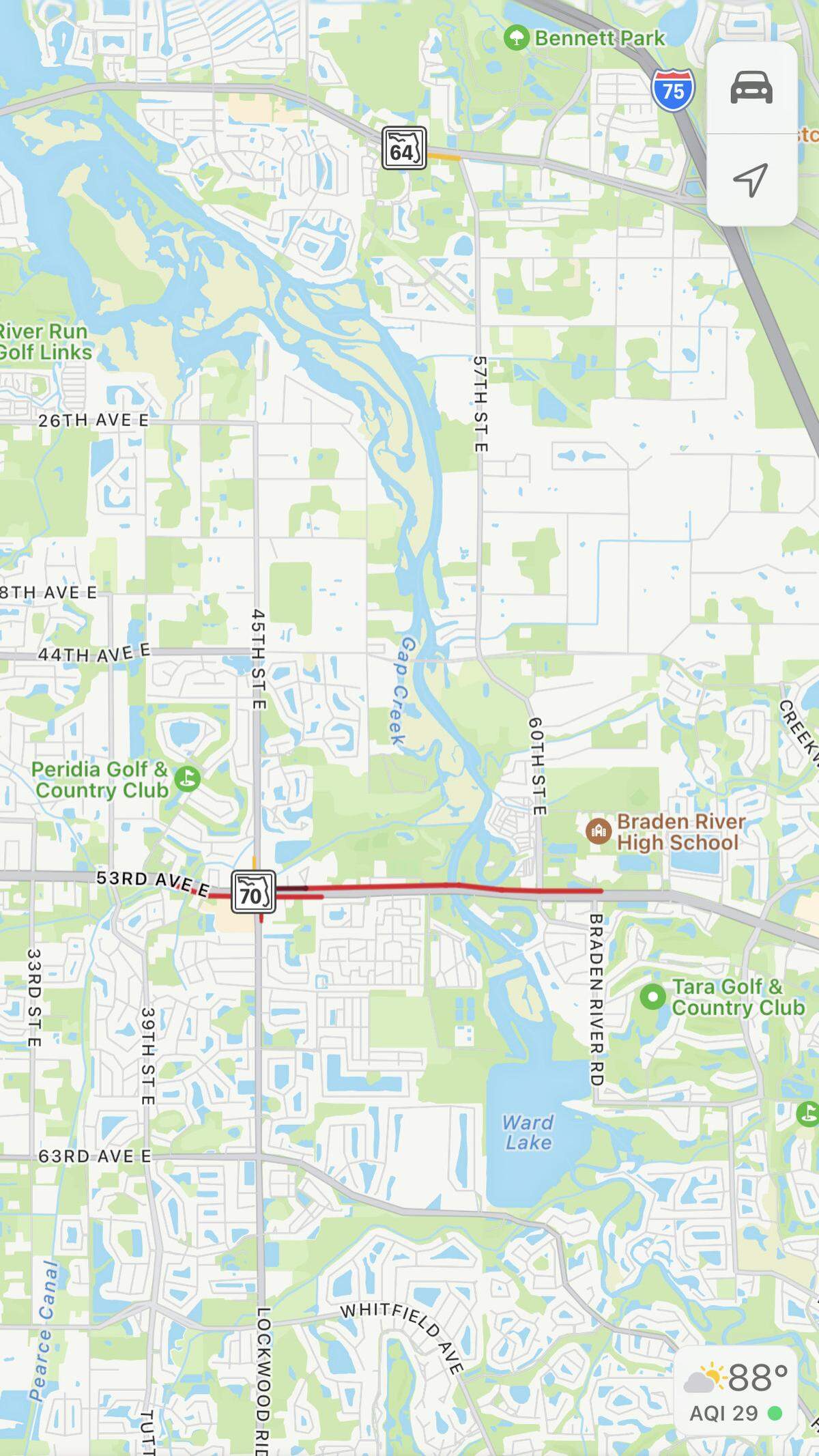 An Apple Maps image shows how far the traffic is backed up on State Road 70 due to a car crash that has closed all westbound lanes near Lockwood Ridge Road in Manatee County on Thursday, Aug. 3, 2023.