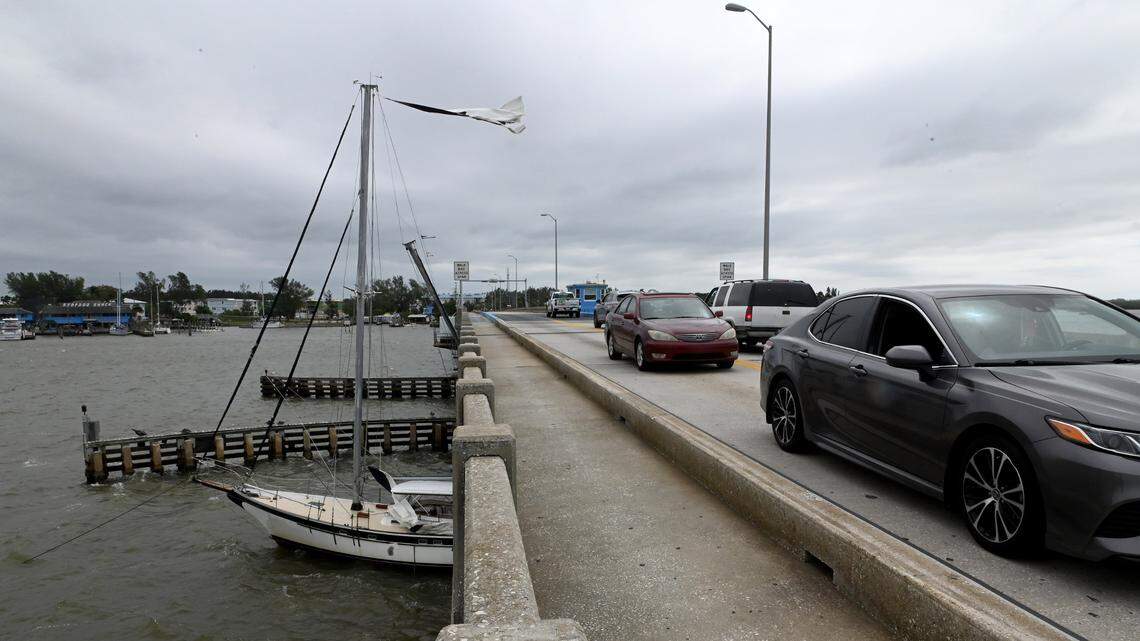 A sailboat became wedged under the Anna Maria Bridge after Hurricane Ian passed in Bradenton on Sept. 29, 2022.