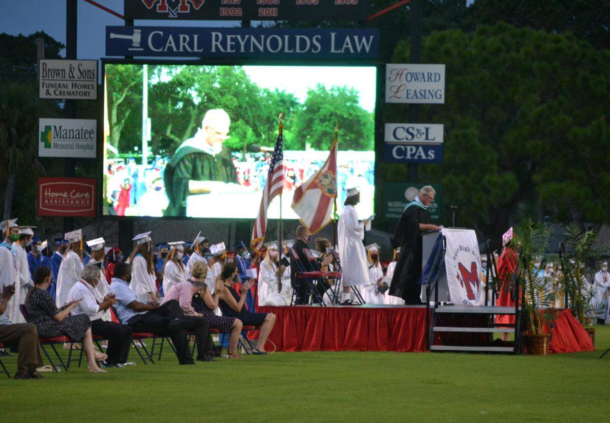 Manatee High School principal David Underhill speaks at the commencement ceremony for the graduating class of 2020.