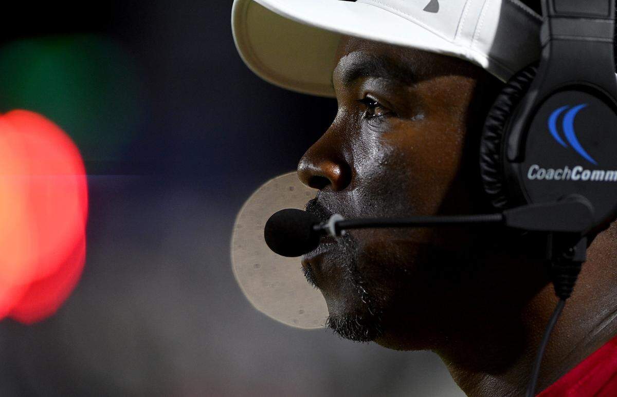 Manatee High head football coach Jacquez Green while playing Venice High in Venice on Friday, Oct. 6, 2023.