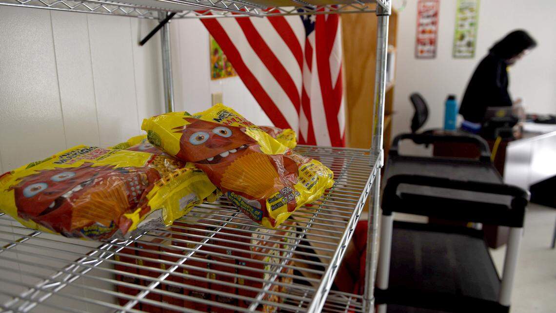 The food pantry at Manatee Elementary School. The school is a Community school, with a medical center, food pantry, and other supportive services for the students and their families.