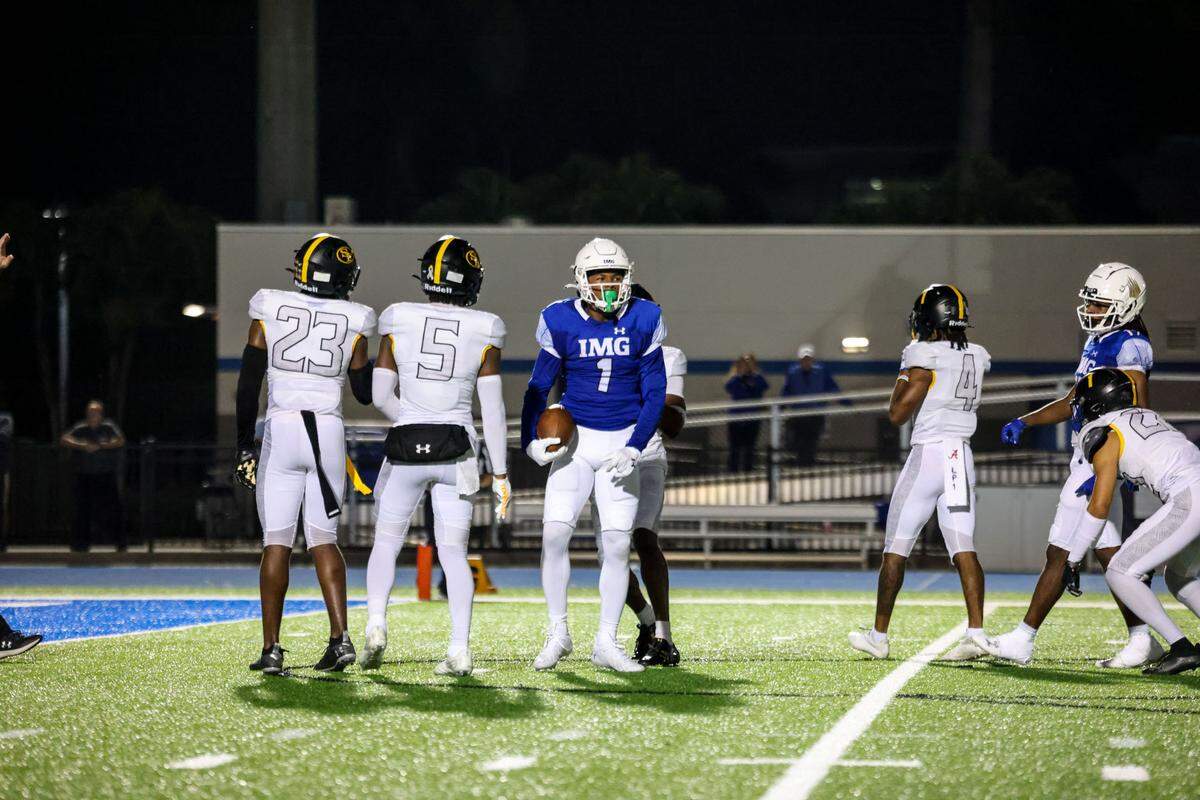 IMG Academy’s Donovan Olugbode, a Missouri commit, celebrates in a 2023 game against St. Frances Academy.