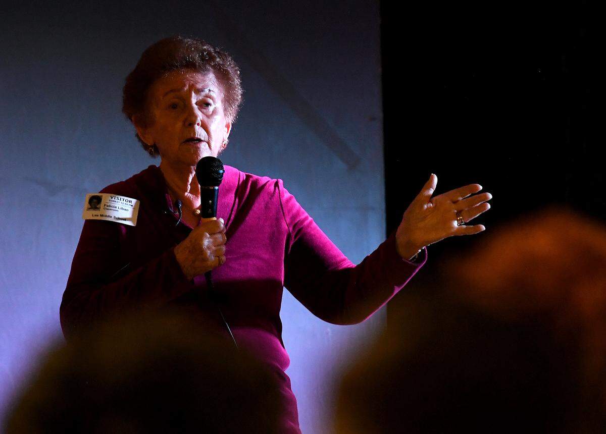 Felicia Liban, a Polish Holocaust survivor, speaks to students at Electa Lee Middle School in Bradenton.