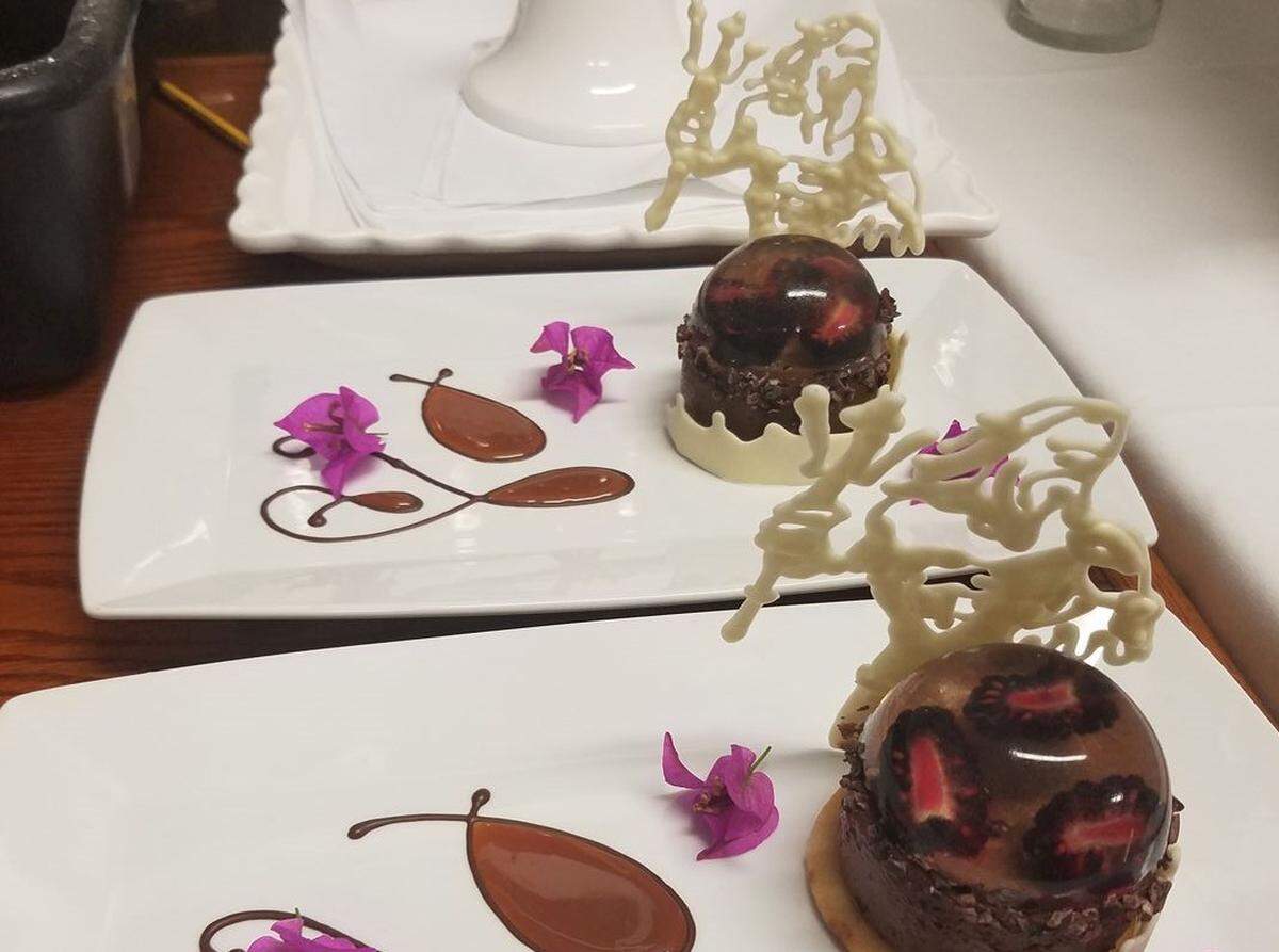 Chef Dana Johnson created this dark chocolate cremeux with blackberry rosewater gelee and dulce de leche caramel for a ten course dinner at Seafood Shack in the fishing village of Cortez in March.