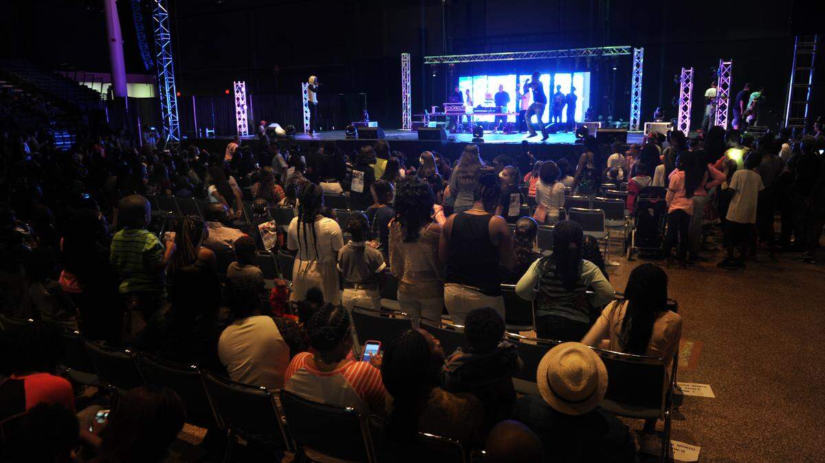 Rappers and DJs gather on stage at the first Kids Fest event Saturday at the Bradenton Area Convention Center in Palmetto. The event, presented by the State College of Florida, featured performers IHeartMemphis, Silento and Dlow. 
 GRANT JEFFERIES/Bradenton Herald