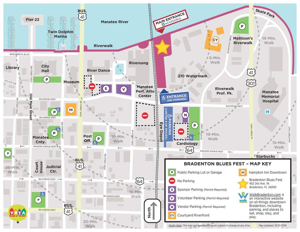 A parking map for the 2018 Bradenton Blues Festival.