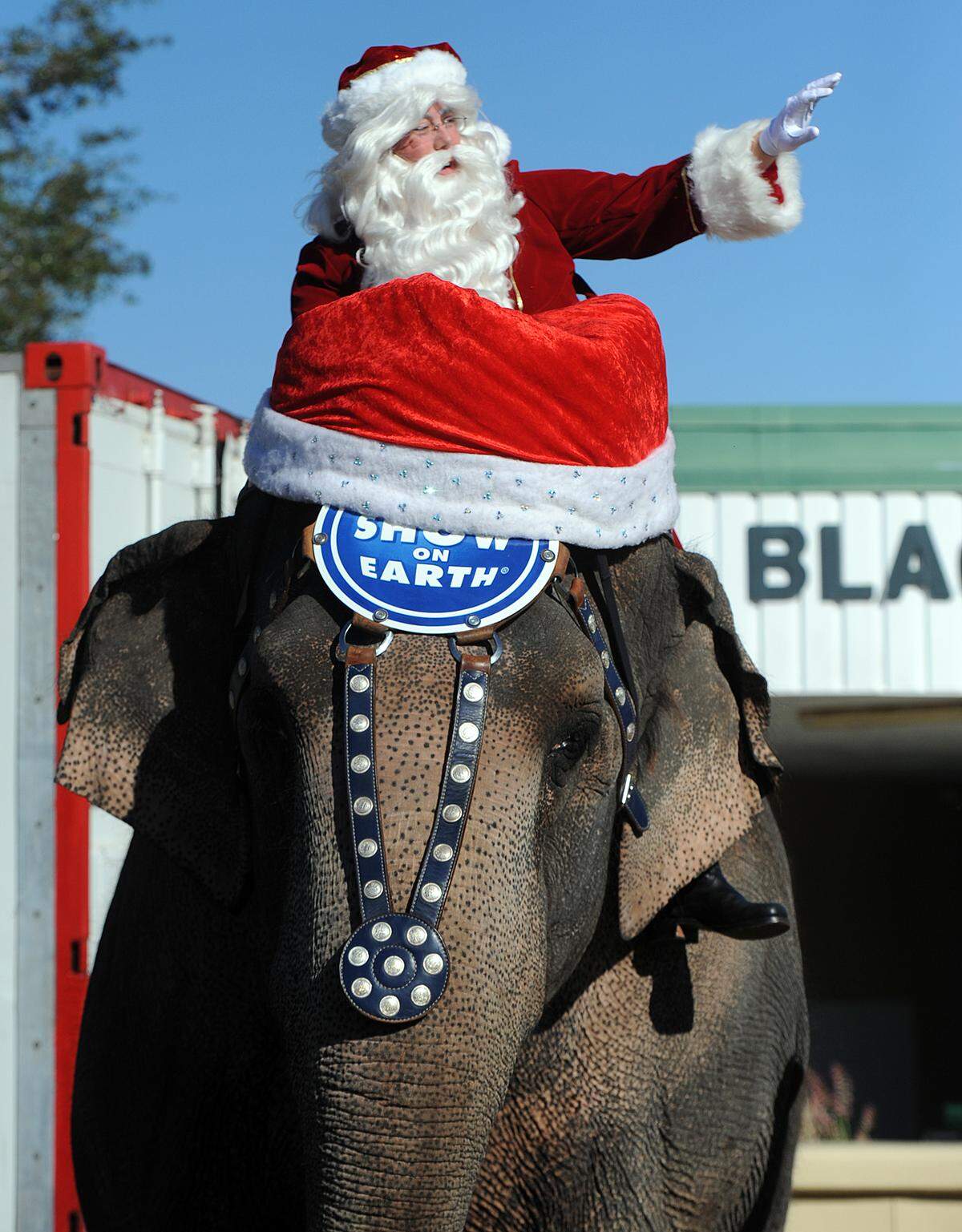 Santa waves from the back of Ringling Bros. and Barnum & Bailey’s elephant, Asia, for students at Blackburn Elementary School in Palmetto, 2014.