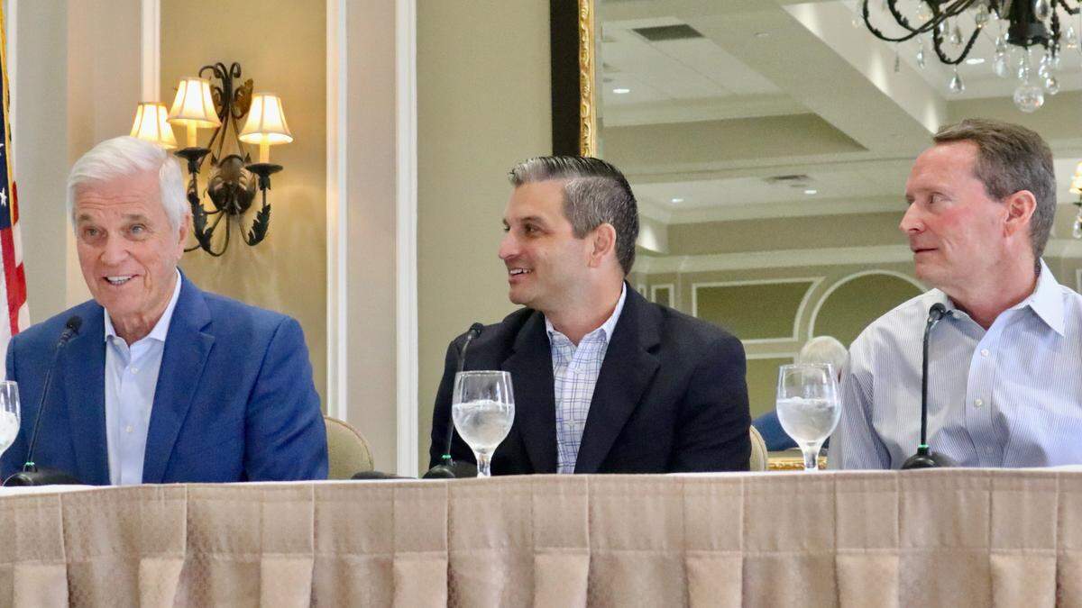 New commercial projects underway at Lakewood Ranch include Center Point at Waterside, Waterside Place and Fruitville Commons. Talking about those projects 2/23/2022 were, from left, Brett Hutchens of Casto Development, Keith Gelder of Stock Luxury Apartment Living, and Kurt Boylston of Lakewood Ranch Commercial.