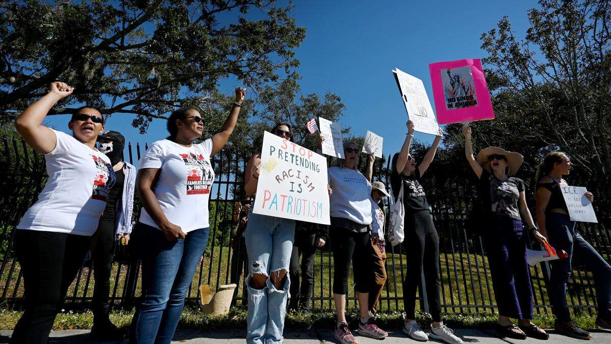 A group of protestors gathered outside as Department of Homeland Security Secretary Kristi Noem visited the DHS offices in Bradenton on Monday, Oct. 20, 2025, to give an update on ICE's crackdown on illegal immigration.
